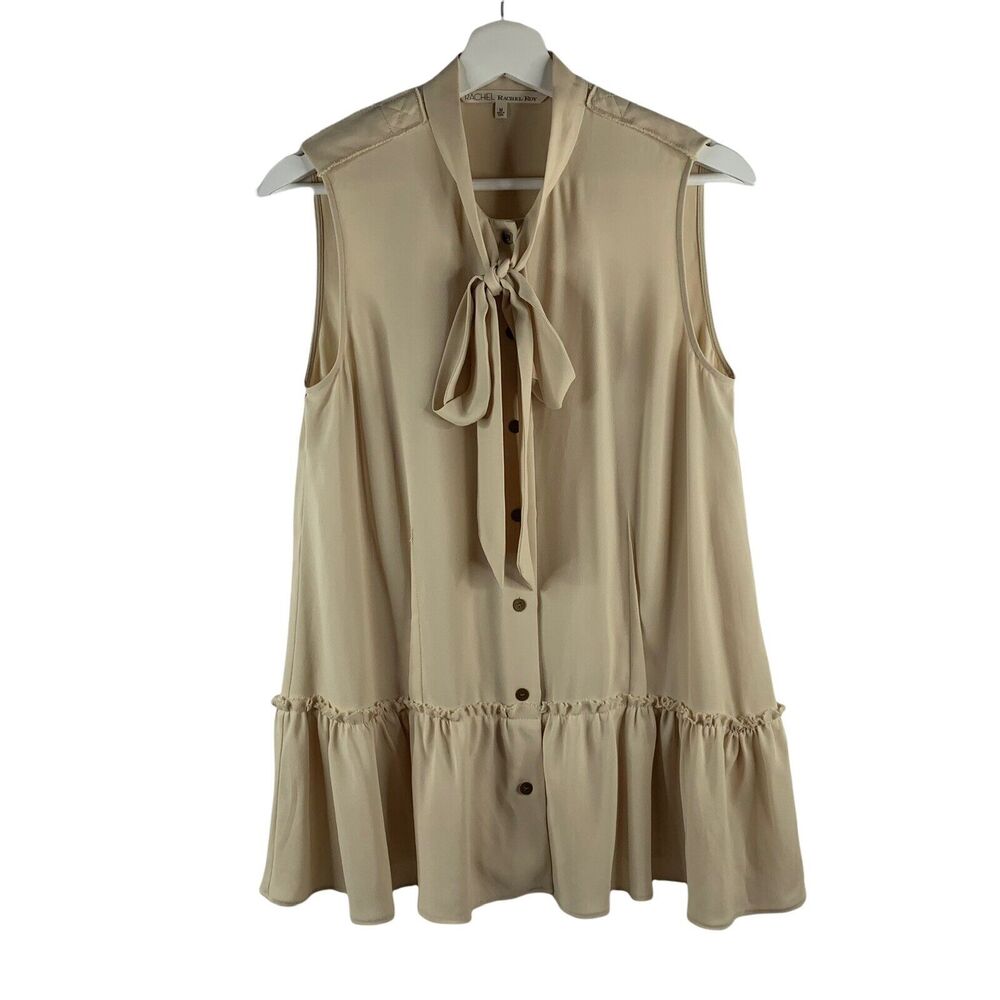 Rachel Roy Size M Tunic Long Blouse Beige Sleeveless V-neck Tie Front Peplum
